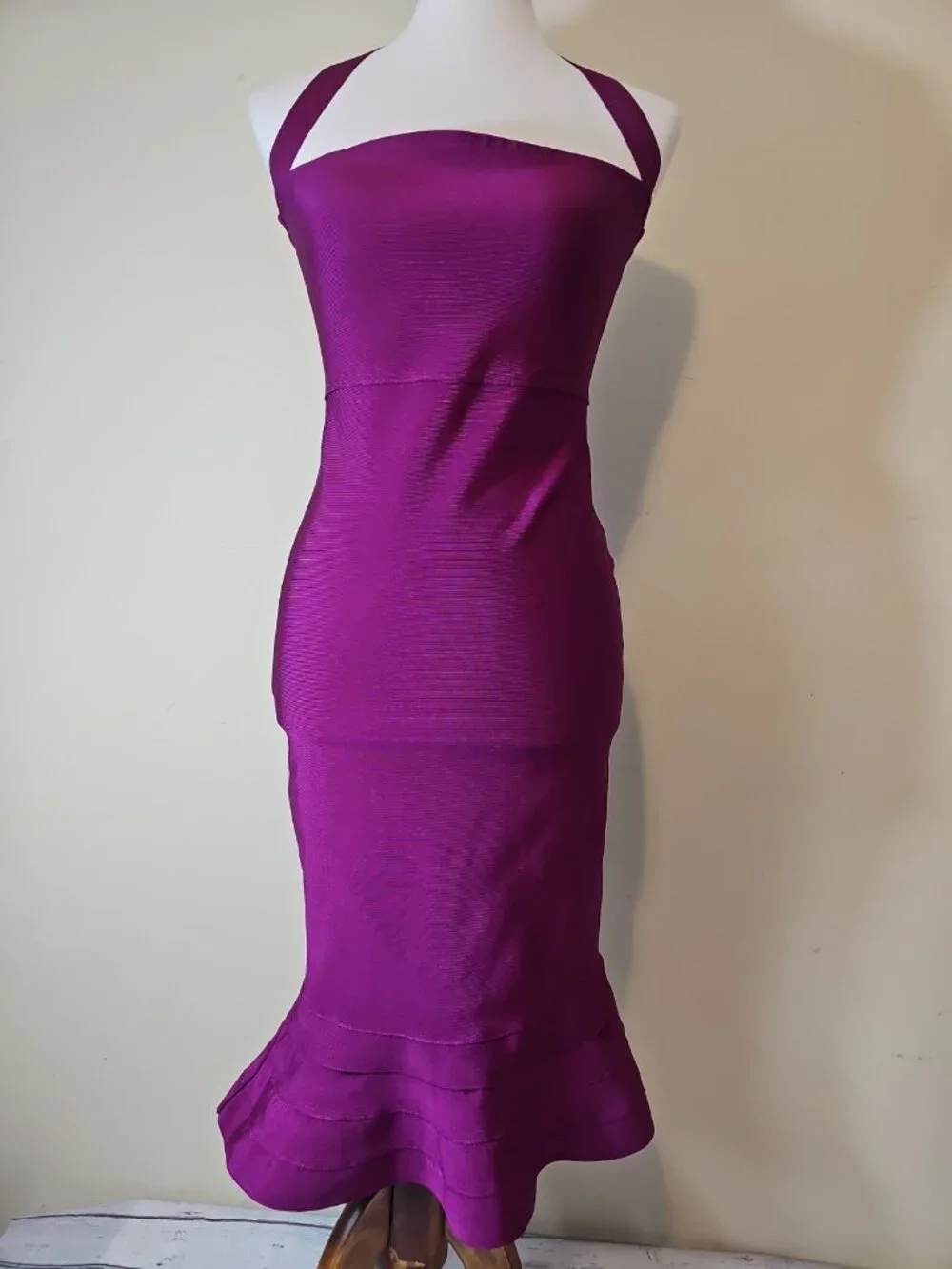 Akira Halter Neck Peplum Mermaid Bandage Cocktail Dress Magenta L